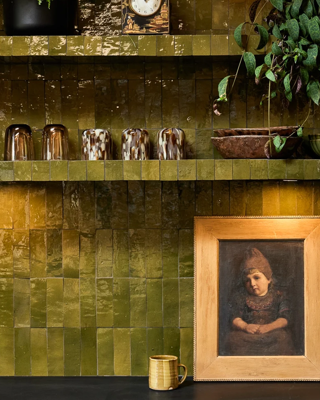Kitchen wall with green zellige tiles